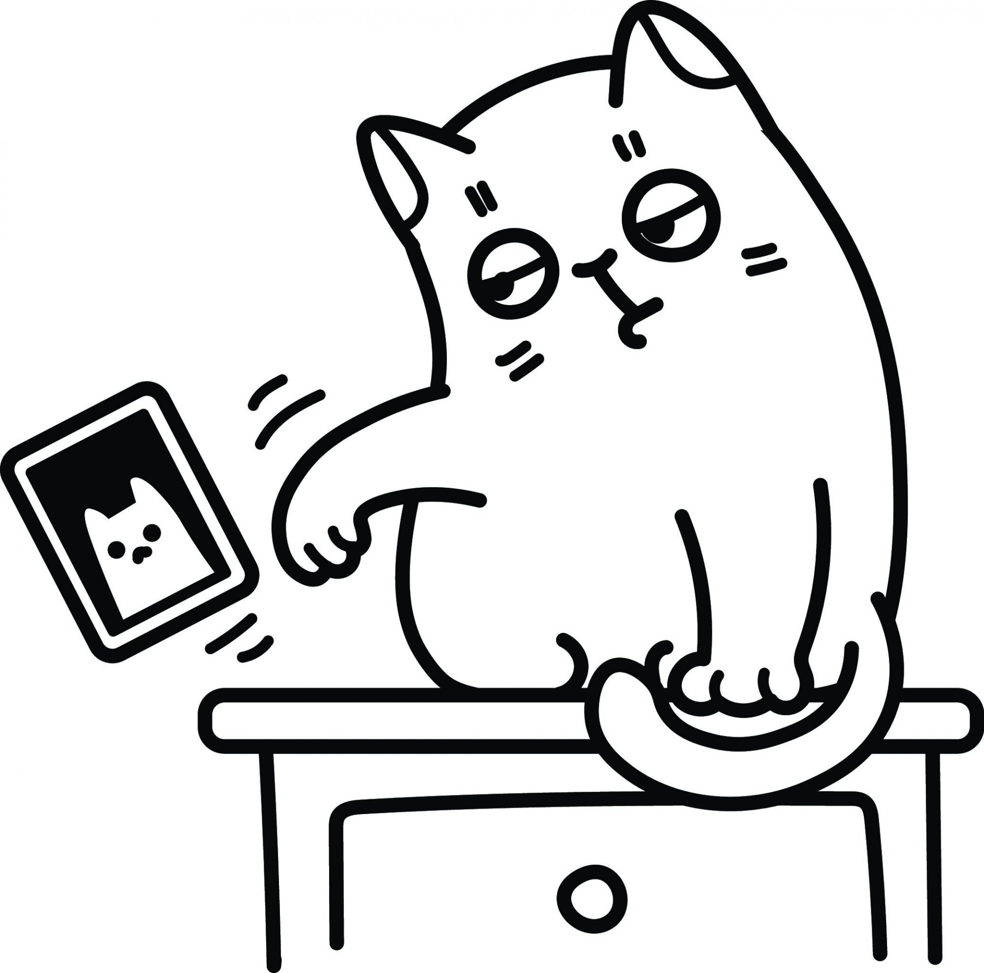 A cartoon of a cat knocking a photo off a desk.